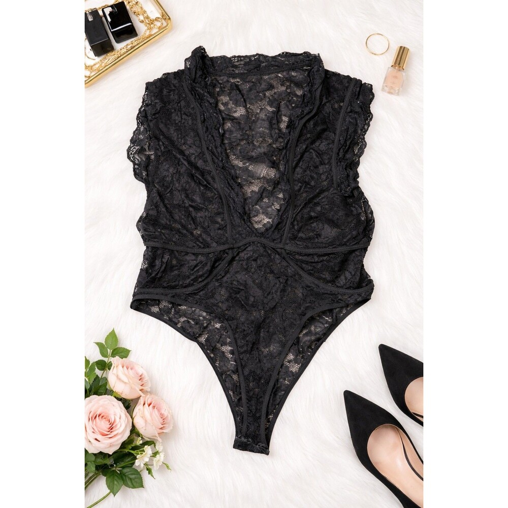 Women’s Black Lace Teddy Bodysuit One Piece Lingerie Halter Sheer (472)